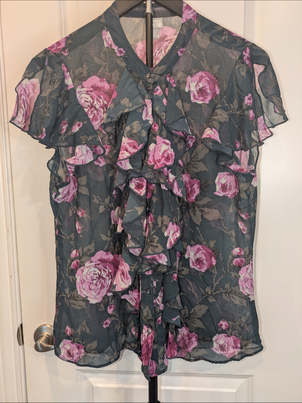 Converse One Star Floral Ruffle Sheer Blouse Women's Large Pink Rose Button
